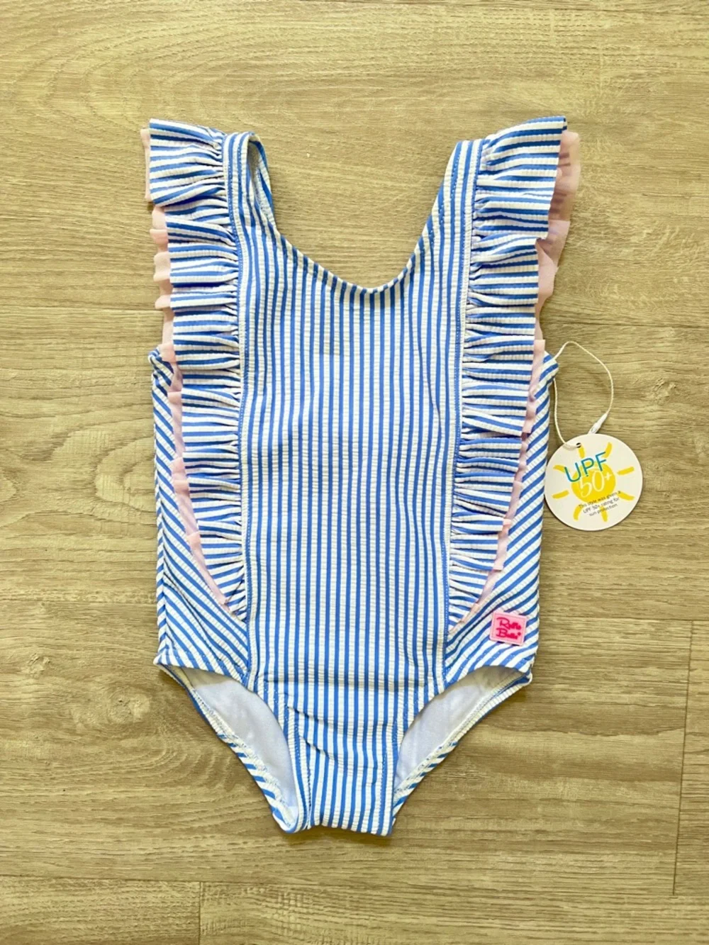RuffleButts Waterfall Swimsuit Girls Seersucker Blue Stripe Ruffle Bow UPF50